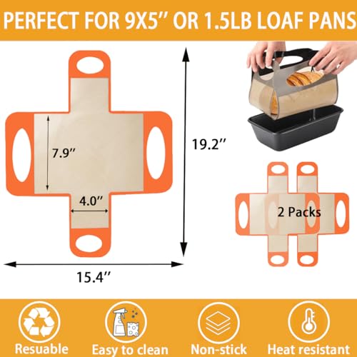 Silicone Bread Sling Mat - Reusable Sourdough Bread Making Loaf Pan Lifter Liner Non-stick & Easy Clean Dough Transfer Mats with 4 Handles Fits for 9x5" or 1.5lb Loaf Pans-Orange - color: 2Pcs Orange