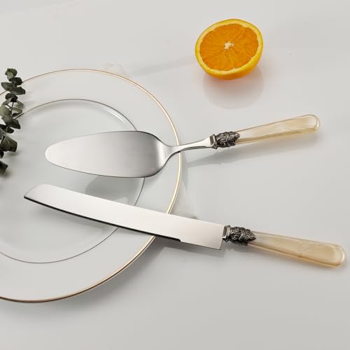 Wedding Cake Knife and Serve Set, Fancy Hand Craft Italian Style Design, Pearl Pie Knife Server Set, Vintage Silverware,Cake Cutter Set, Cake Knife Gift Set, 2 pcs (champagne) - color: Champagne