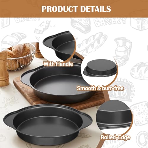 9 Inch Round Cake Pan with Handle, 3 Pcs Nonstick Cake Pans with 100 Pcs Parchment Paper, Carbon Steel Cake Baking Pans Set, Dishwasher Safe