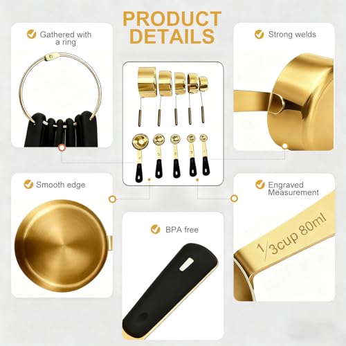 Bopei 10-Pcs Stainless Steel Measuring Cups & Spoons Set, Gold - color: Gold