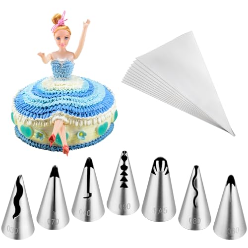 Kasmoire 7Pcs Pleated Skirt Piping Tips Set,Stainless Steel Ruffle Piping Nozzles Icing Tips Set with 10Pcs Disposable Piping Bags For Pastry Cupcakes,Cakes Cookies Decorating