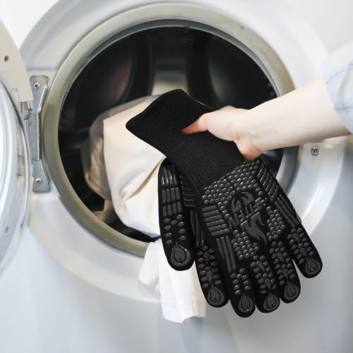 BBQ Gloves, 1472°F Heat Resistant with Silicone Grip Oven Mitts - color: Black, size: Long (Glove L 13.78" × Palm W 6.33")