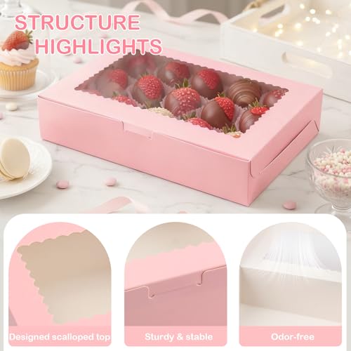 OAMCEG 48 Pack Cookie Boxes with Window, 12x8x2.5 Inch Bakery Treat Boxes for Christmas Holiday Gift Giving, Desserts, Donuts, Pastries-Pink