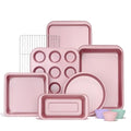 KITESSENSU Baking Pans Sets, Nonstick Bakeware Sets 19-Piece with Round/Square Cake Pan, Loaf Pan, Muffin Pan, Cookie Sheet, Roast Pan, Cooling Rack, Carbon Steel Bake Set Pink - size: Pink