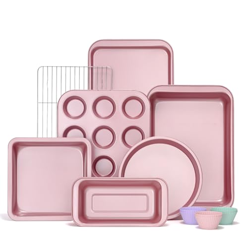 KITESSENSU Baking Pans Sets, Nonstick Bakeware Sets 19-Piece with Round/Square Cake Pan, Loaf Pan, Muffin Pan, Cookie Sheet, Roast Pan, Cooling Rack, Carbon Steel Bake Set Pink - size: Pink