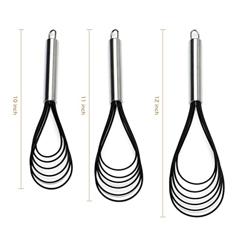 Flat Whisk Set,Stainless Steel 3 Pack 10''+11''+12'' Premium Sturdy-6 Silicone Heads Non Stick Wires Whisk for Blending Beating Stirring Kitchen Cooking by Jell-Cell (Black) - color: Black