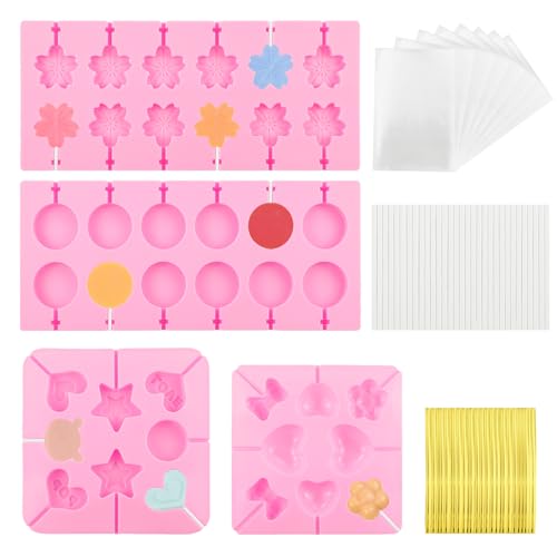 4 Pack Silicone Lollipop Molds with 100 Sticks, Bags, Gold Ties