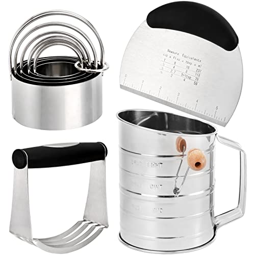Tosnail Pastry Cutter, Dough Blender, 3 Cup Flour Sifter and Biscuit Cutter, 8 Pieces Stainless Steel Professional Dough Tools for Baking Cookies and Donuts