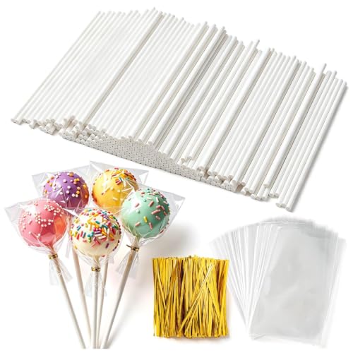 300Pcs Lollipop Sticks and Wrappers Kit, 100Pcs 6IN Cake Pop Stick, 100pcs Clear Candy Treat Bags Parcel, 100pcs Gold Twist Ties for Lollipops, Candies, Chocolates Cookies - color: 300PCS white