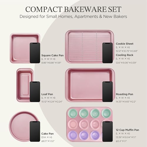 KITESSENSU Baking Pans Sets, Nonstick Bakeware Sets 19-Piece with Round/Square Cake Pan, Loaf Pan, Muffin Pan, Cookie Sheet, Roast Pan, Cooling Rack, Carbon Steel Bake Set Pink - size: Pink