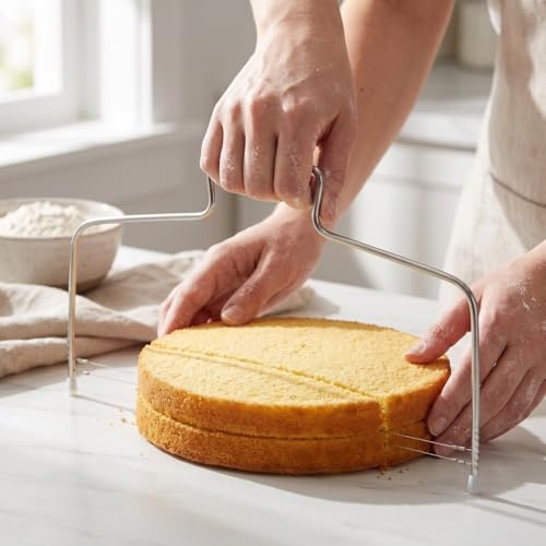 Limen 2Pcs Cake Leveler Adjustable - Stainless Steel Bow-Shaped Double Wire Cake Cutter,Silver Layering Slicing Tool for Bread and Toast,32 x 16 cm
