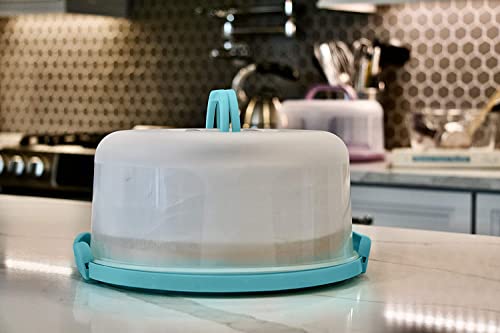 Top Shelf Elements Round Cake Carrier Two Sided Cake Holder Serves as Five Section Serving Tray, Portable Cake Stand Fits 10 inch Cake, Cake Box Comes With Handle, Cake Container Holds Pies (Aqua) - color: Aqua