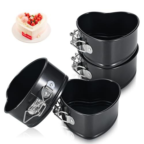 4 Pack Non-Stick Cheesecake Pan Springform Cake Pan Set, 4" Leakproof Moule a Gateau Heart Cake Pan, Removable Bottom Quick Release Latch Moulds for Birthday Cake - color: Heart, 4x4 inch