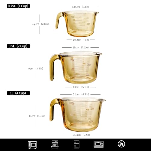 3-Piece Amber Glass Measuring Cup Set Kitchen Measuring Jug - color: Amber