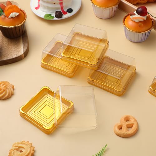 50 Pcs 3 Inch Mini Cake Box, Clear Plastic Cupcake Box with Lids Single Square Dessert Container Mooncake Packing Box for Individual Muffins Cookies Chocolate Wedding Party Christmas