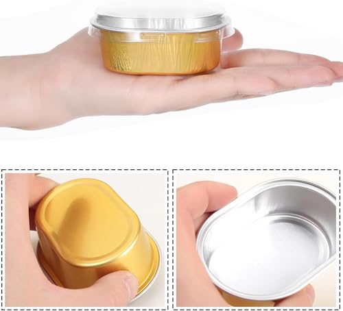 100 Pack Mini Aluminum Baking Cups with Lids，2 oz disposable Ramekins pancake liner container for dessert specific pie tin cups, cream pudding, pudding, cupcakes