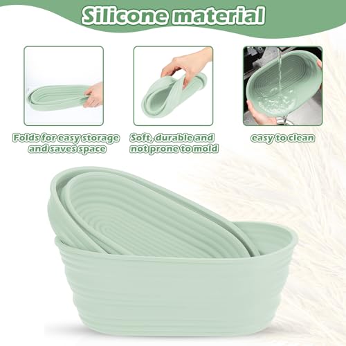 Nuogo 4 Pack Oval Bread Proofing Basket Silicone 10 Inch Collapsible,Green - color: Green