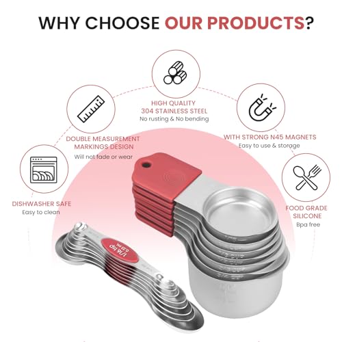 Magnetic Measuring Cups and Spoons Set-Heavy Duty 304 Stainless Steel - color: Red