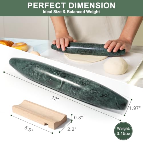 12inch Natural Marble Rolling Pin for Baking, Tapered French Dough Roller - color: 12"x1.97"-Green