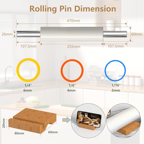 18.5'' Marble Rolling Pin,Stainless Steel Handles,3-Thickness Rings & Stand