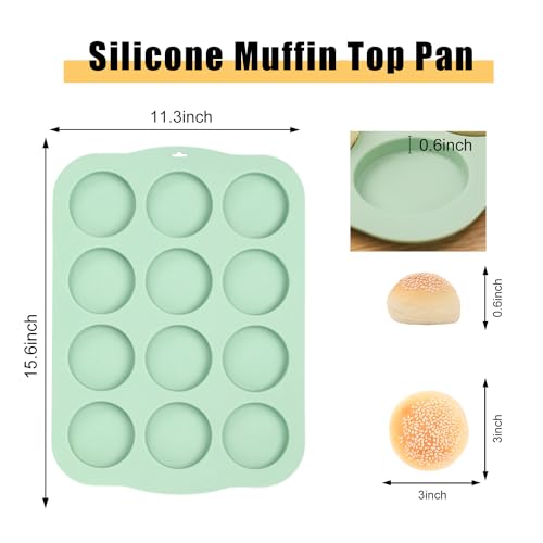 QELEG Silicone Muffin Top Pan, 3 Inch 12-Cavity, Green