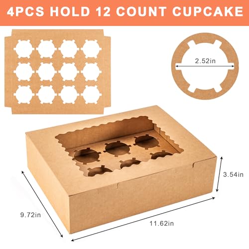 12 Count Cupcake Boxes, 4PCS Cupcake Container with Window and Inserts - color: Brown