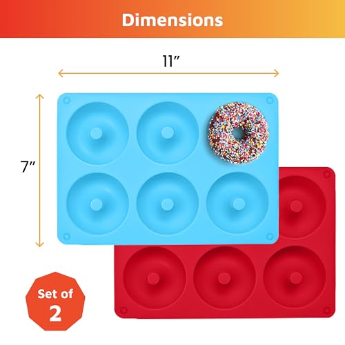 HOTPOP Silicone Donut Molds for Baking – Set of 2 Nonstick Pans (Red, Blue), Makes 12 Donuts – Flexible, Reusable, Dishwasher Safe Molds for Oven – Perfect Donut Mold for Baking Sheets