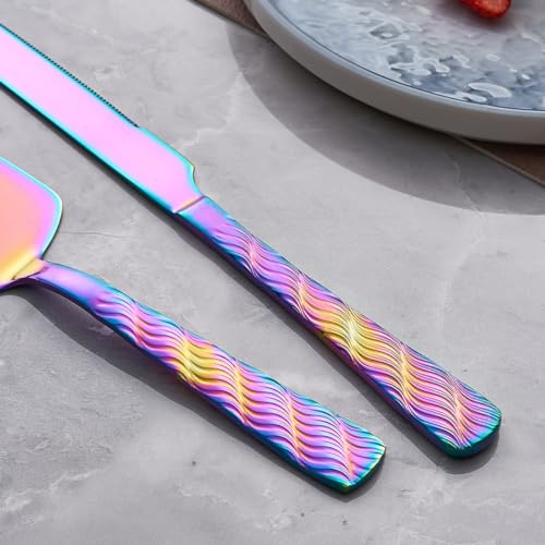 Rainbow Cake Cutting Set, Stainless Steel Cake Knife and Server, Cake Pie Cutter Set for Wedding, Birthday, Party - color: Rainbow