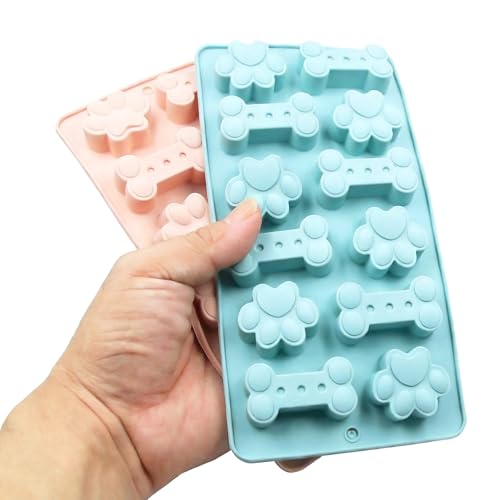 2Pack Dog Treat Molds Silicone, 24 Cavity Puppy Paw & Bone Shaped - color: Pink+Blue