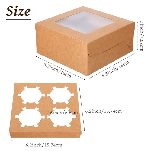 50 PCS Window Cupcake Boxes 4 Count, 6.3x6.3x3 Inch Muffin Boxes with Clear PET Lid & Paperboard, Disposable Bakery Containers for Pastries Cookies Desserts