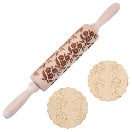 Embossed Wooden Rolling Pin Flower Leaves Print 35cm Rolling Pin for Baking Biscuits 3D Pattern DIY Kitchen Tool Baking Accessories Homemade Bakery Pastry Cookie Fondant Dough Pizza
