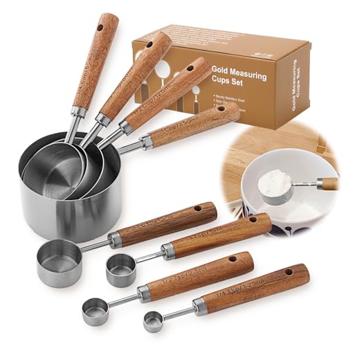 Premium Wood Handle Stainless Steel Measuring Cups and Spoons 8PCS - color: Silver8