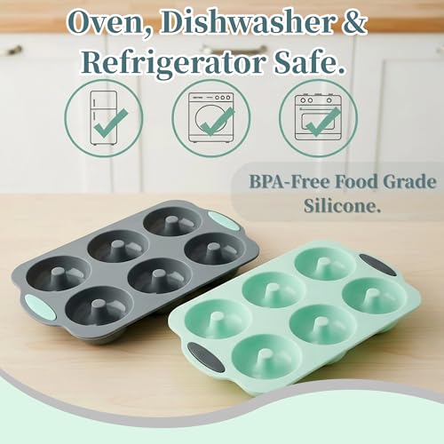 2-Pack Donut Pan Set with Easy-Grip Handles - Large 3" Non-Stick Molds for Baking Vegan, Gluten-Free Bagels & Desserts, Top Choice for Home Bakers (Green & Gray)(DP-01)