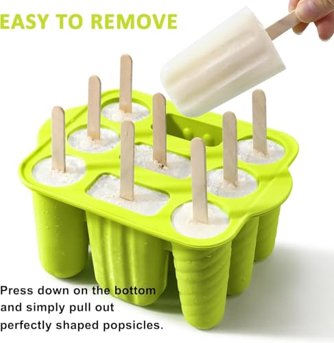 9 Cavity Popsicles Molds with 50pcs Wooden Sticks BPA Free Ice Cream Mold - color: Green