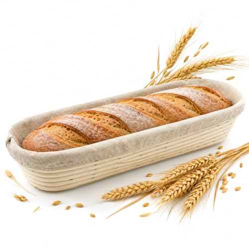 Vollum Bread Proofing Basket with Liner – Sourdough Baguette Brotform - size: 13.5" x 3.5" x 2.5"H, style: Rectangular