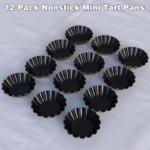 12-Pack 3 Inch Nonstick Mini Tart Pans Fluted Side for Pies Pan Round Deep Quiche Mold Heavy Duty Carbon Steel Baking Cupcake Egg Tarts Mousse Cakes Fruit and Desserts Molds for Oven
