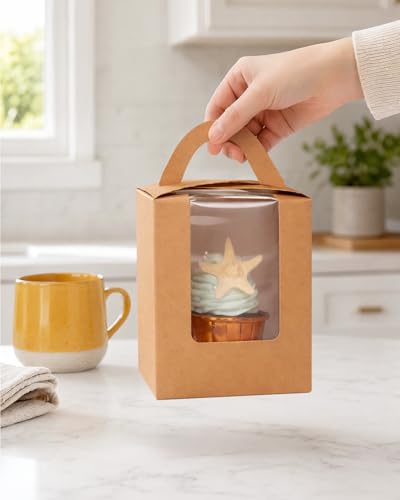 qiqee 100pcs Auto Pop-up Cupcake Containers Individual Brown Cupcake Holders Disposable Kraft Single Cupcake Boxes with Window 3.7"x3.7"x4.5" Cupcake Boxes - color: Brown, size: 100Pcs, One Holder