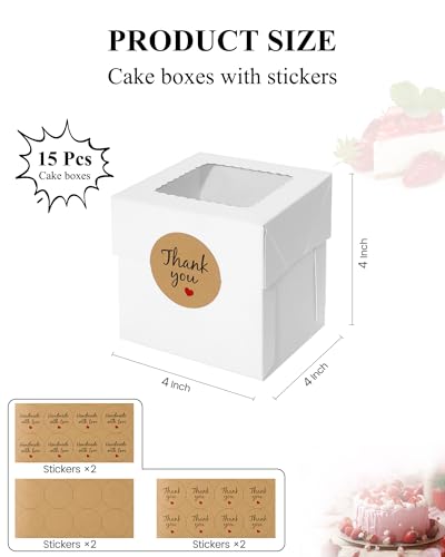 COTOPHER 15Pcs Mini Cake Boxes, 4x4x4 Inches Bakery Boxes with Window - color: White, size: 4x4x4inch