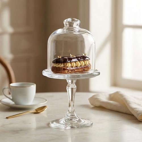 Mini Glass Cake Stand with Dome Lid – Small Pedestal Dessert Stand with Cover, Clear Glass Cupcake & Cookie Display (7x3x3 inches)