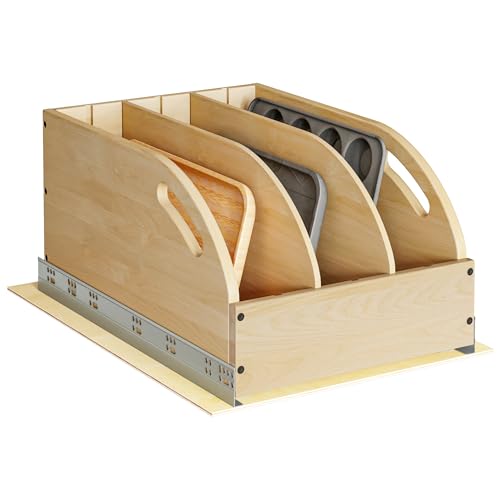 WelFurGeer Birchwood Pot and Pan Organizer with Soft-Close Drawer, Pull Out Cabinet Organizer, Heavy-Duty Slide-Out Storage for Baking Sheets, Cutting Boards, and Kitchen Utensils - size: 14"W X 21"D