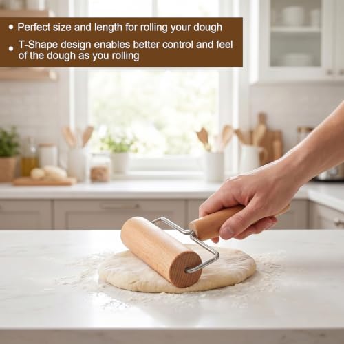 2Pcs Small Dough Roller with Handle, Wooden T-Shape Non-Stick Rolling Pin