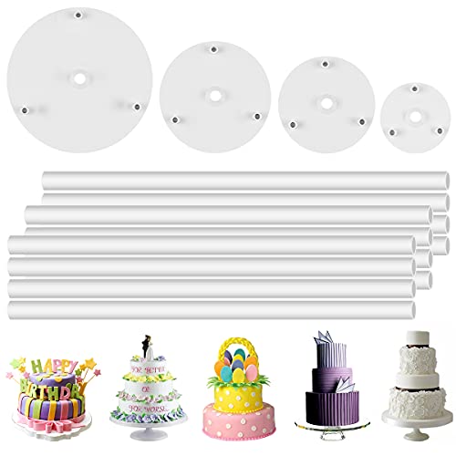 DOERDO 4 Tier Cake Separator Plates and 12 Pieces Plastic Cake Dowel Rods Set for Tiered Cake Construction and Stacking(9cm, 12cm,16cm,18cm) - size: 9,12,16,18cm