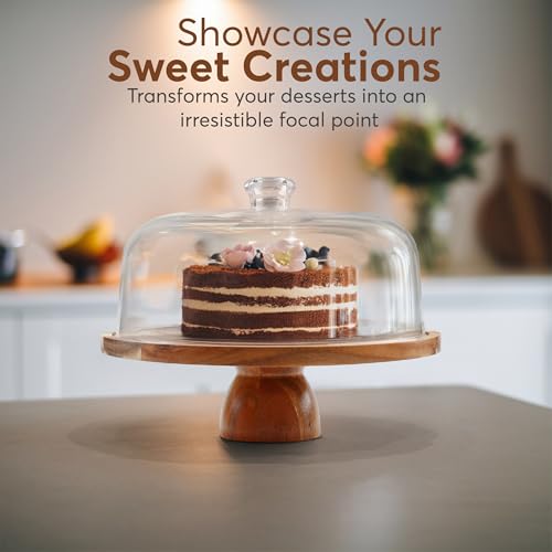 2-in-1 Acacia Wood Cake Stand with Lid, Acrylic Dome, Light Weight, Strudy