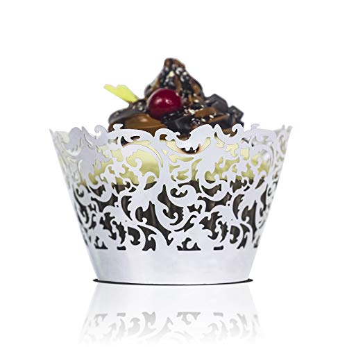 YOZATIA 60 Silver Vine Lace Cupcake Wrapper, Laser Cut Cupcake Liners for Weddings Birthdays Tea Parties and any Special Event- Silver - color: Silver