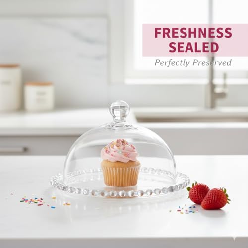 Clear Glass Mini Cake Stand with Dome, 4.5" Beaded Rim Dessert Display Plate for Cupcakes, Pastries, Cheese, Butter, and Table Decoration