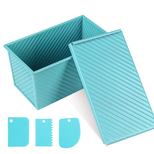 Blue Pullman Loaf Pan with Lid, Sandwich Bread Pullman Loaf Pan, 1LB Dough Capacity Rectangular Bread Pan, Non-Stick Loaf Pan with Dough Scraper Cutter for Sandwich Bread - color: Blue, size: 8.3inch