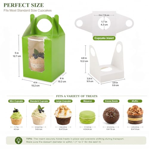 Cupcake Boxes with Window, 50 Pack Single Dessert Gift Boxes with Adjustable Insert Fits 1.7"–3" Cupcakes, Muffins & Cocoa Bombs for Parties, Bake Sales & Baby Showers (Green) - color: Green, size: 50 PCS