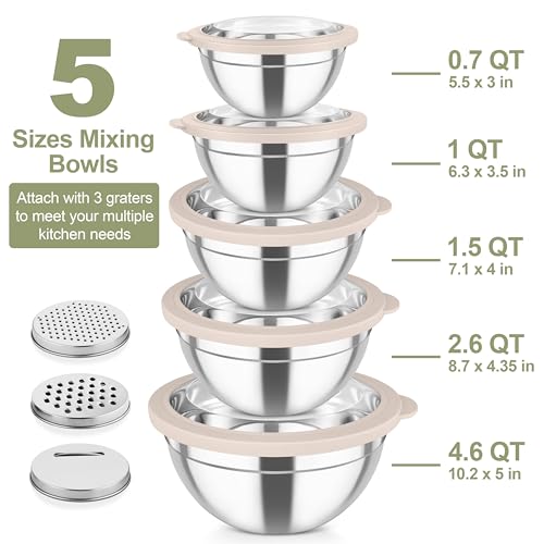 TeamFar Mixing Bowls, Stainless Steel Salad Serving Bowl with Clear Lids - color: Khaki