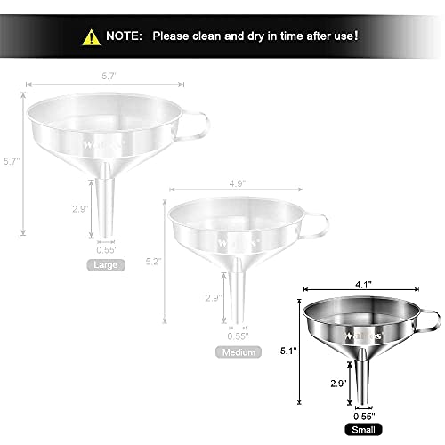 Stainless Steel Funnel, Walfos Kitchen Funnel with 2 Removable Strainer ＆ 1Pc Cleaning Brush, Perfect for Transferring of Liquid, Oils, Jam, Dry Ingredients & Powder (4.1") - color: 1pcs 4.1in Stainless Steel