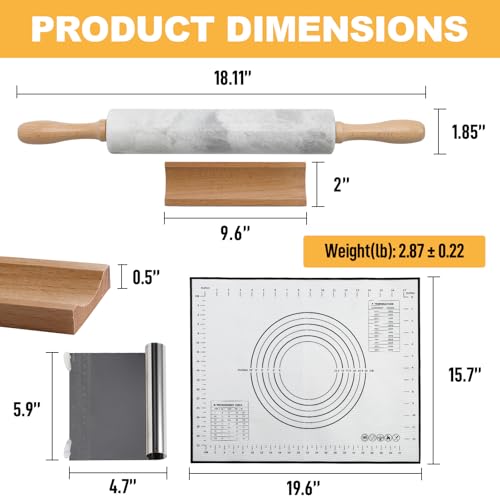 African Natural Marble Rolling Pin, Non-Stick Polished Dough Roller, Pasta, Dumpling, Fondant, Pie Crust, Bread, Pizza Dough, Kitchen Baking Pastry Tools with Mat/Scraper(Grigio Fantasy) - color: White and Grey Marble with Pastry Mat